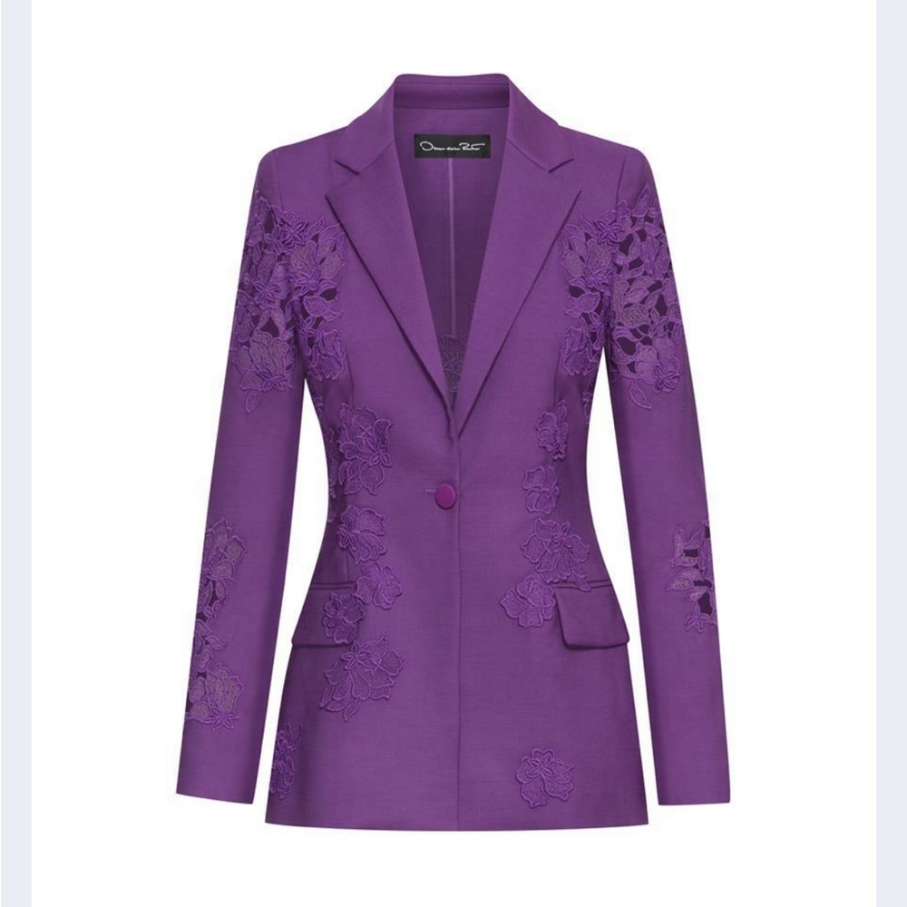 Oscar de la Renta purple virgin wool guipure embroidered flower  jacket blazer - Picture 3 of 4
